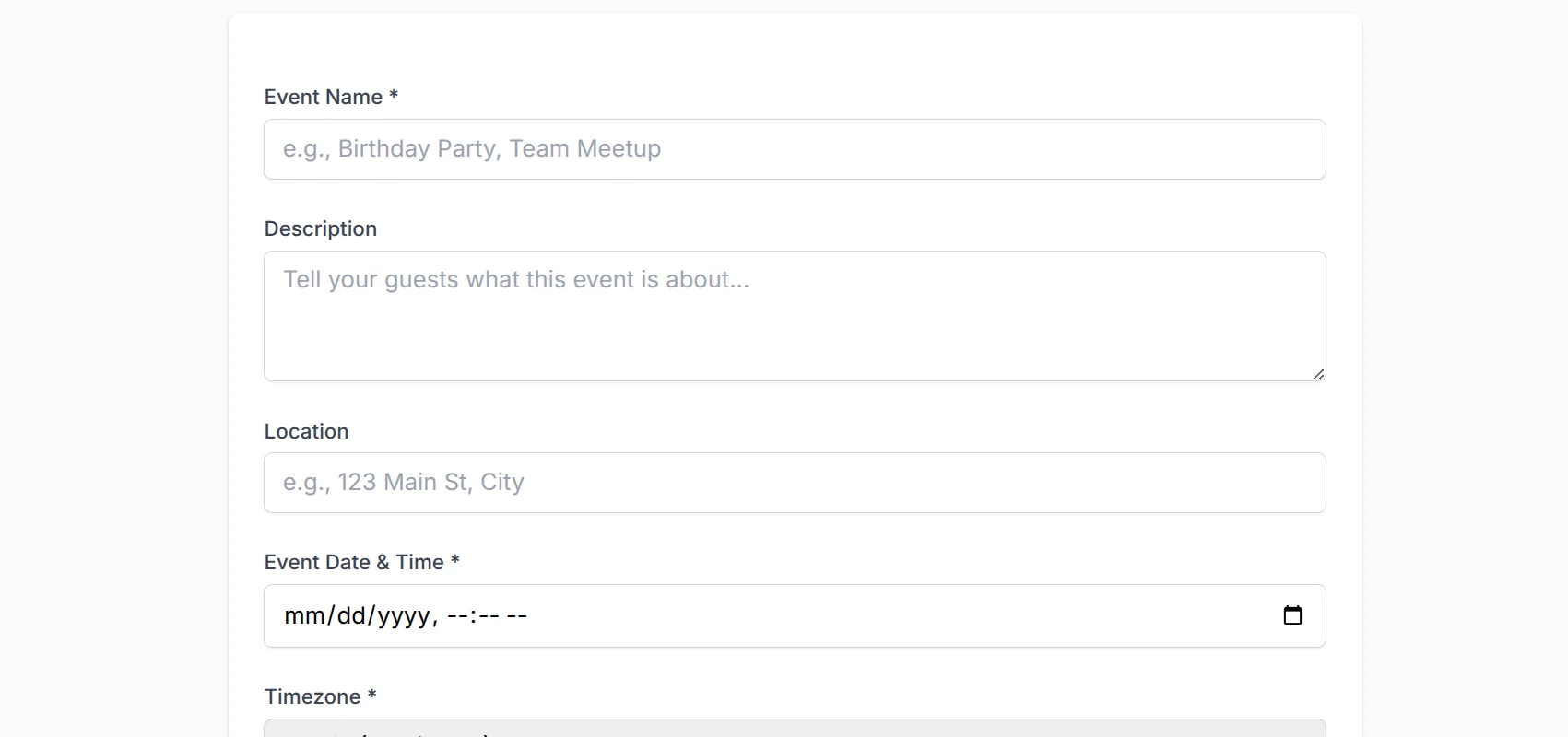 Event creation form with fields for name, date, location, and timezone