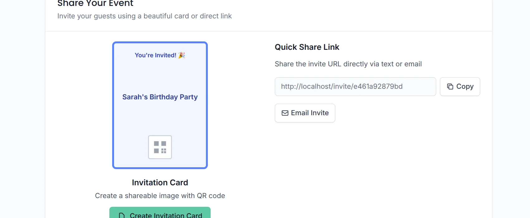 Share your event section with copy link and email options