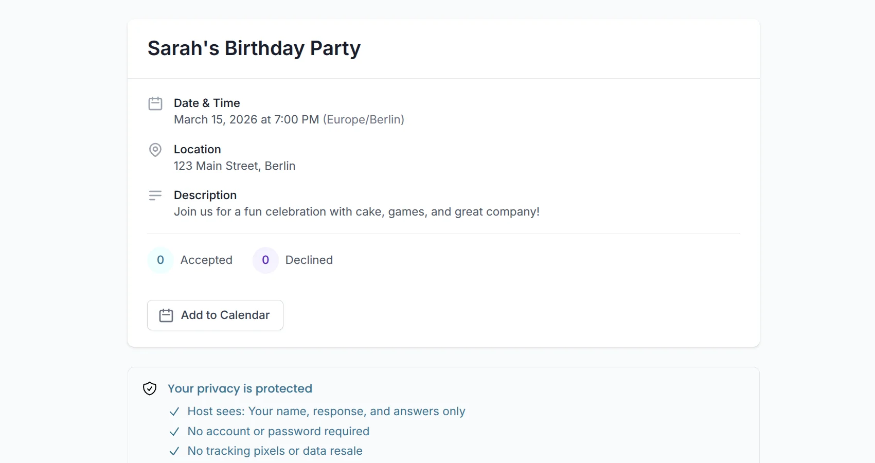 Guest invitation page with simple RSVP form