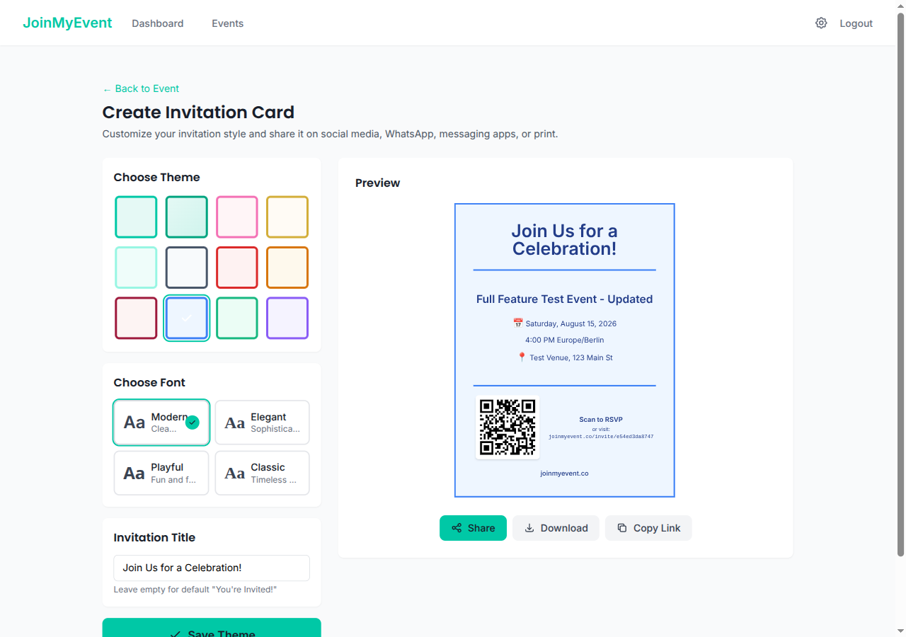 Invitation customization page with Ocean Blue theme