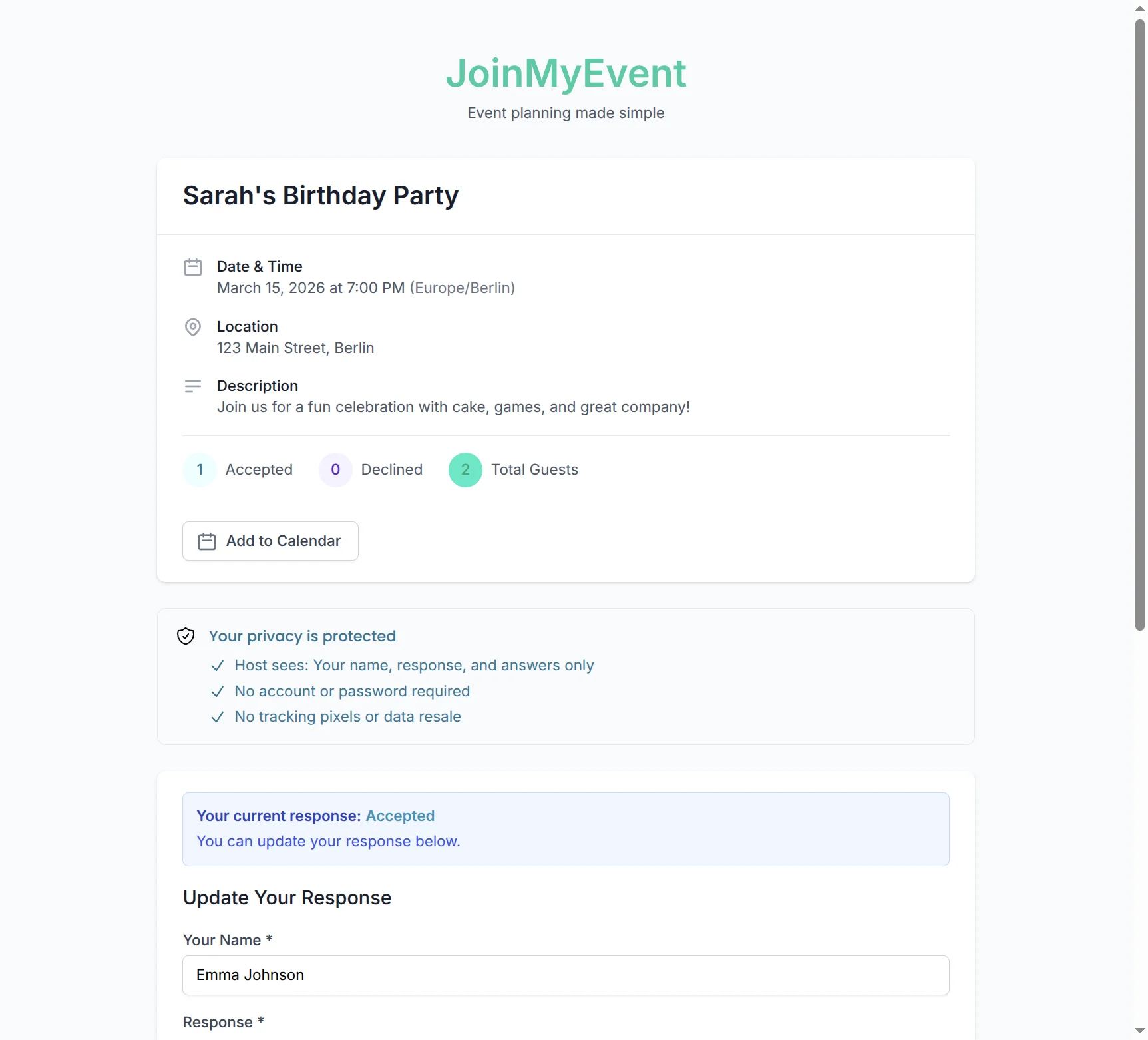 Magic link edit page showing the option to update your RSVP response