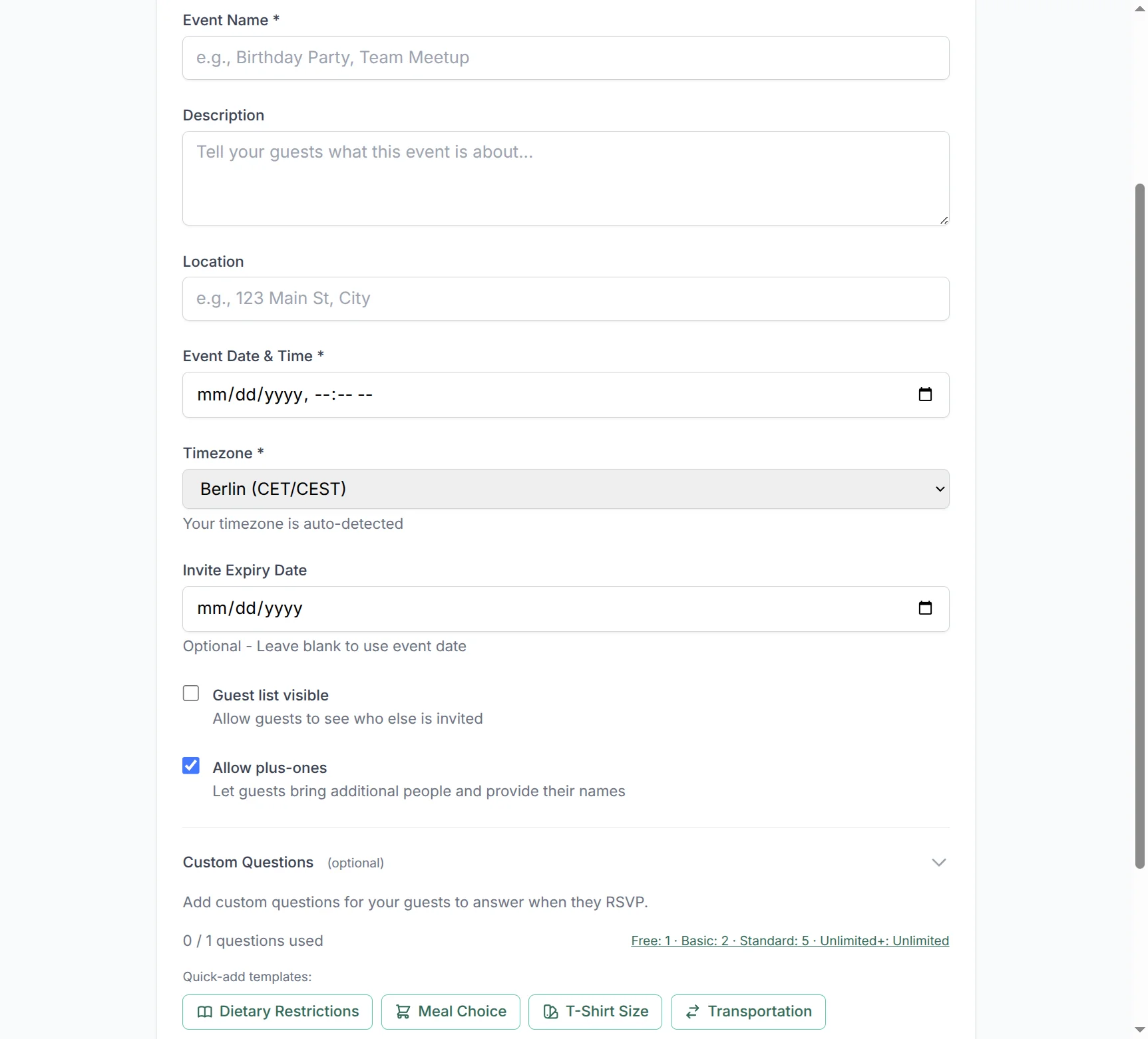 Question templates showing dietary and transportation options