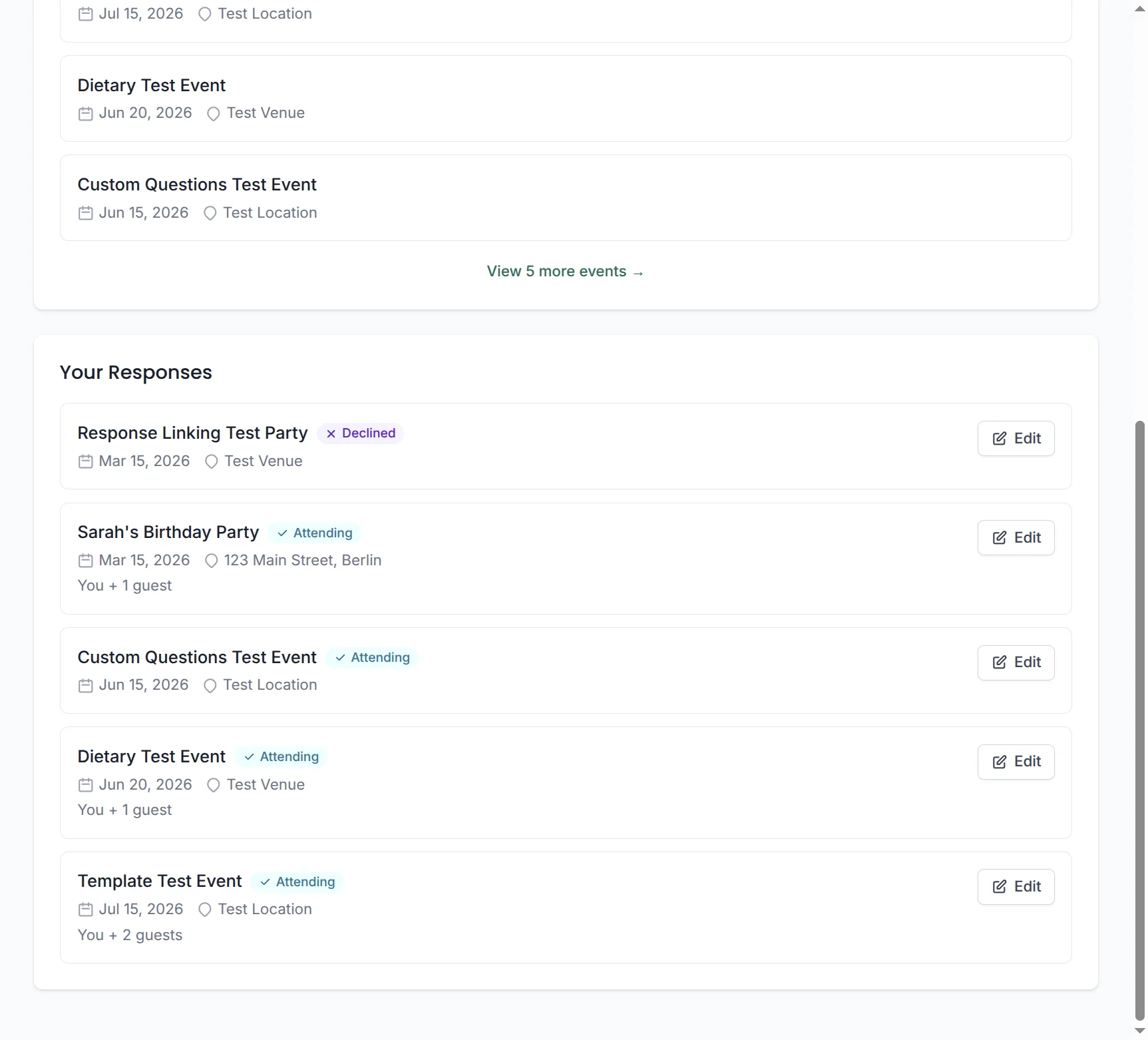 Your Responses Dashboard showing upcoming events with edit buttons
